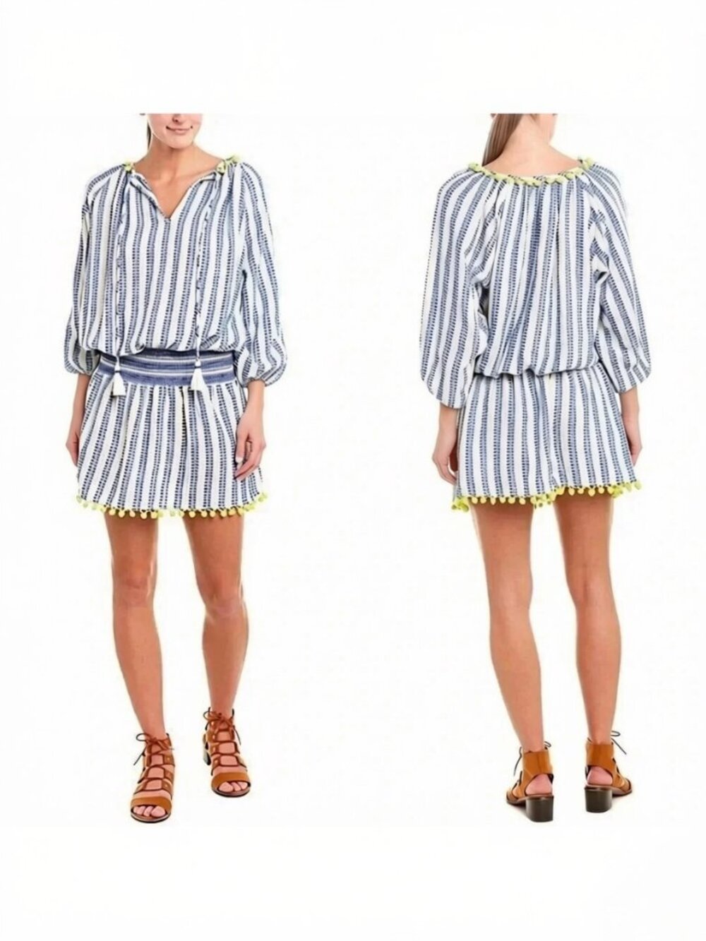 Tessora Luisa Embroidered Stripe Neon Pom Pom Embellished Shift Dress
